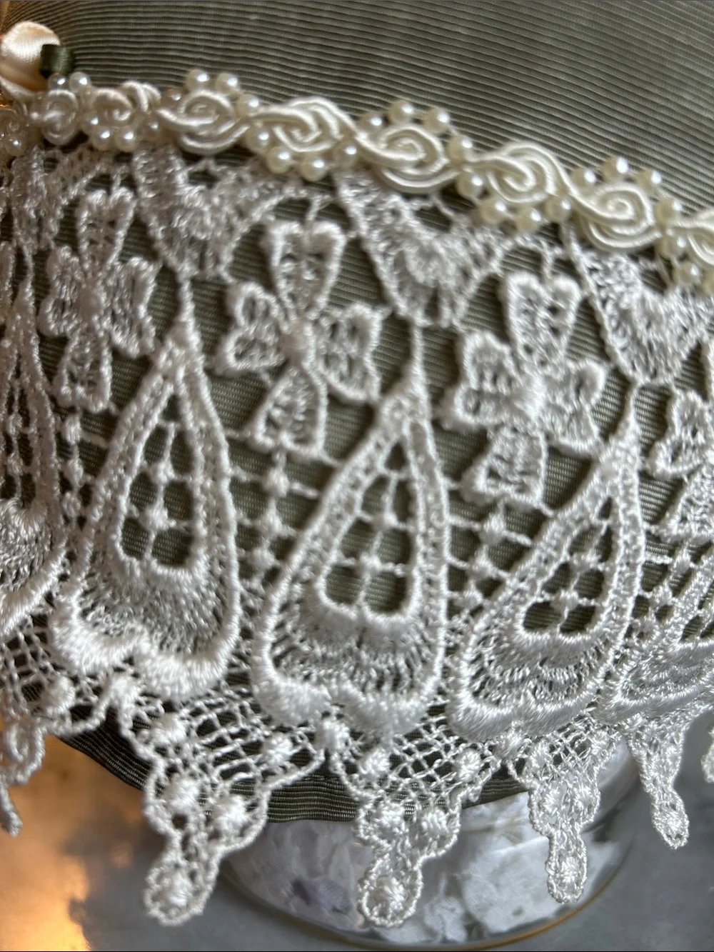 Tea pot cozy from Sweet Necessi Teas lace pearls satin bows roses formal.